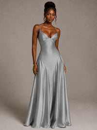 Lavender V Neck Satin Prom Dress with Spaghetti Straps
