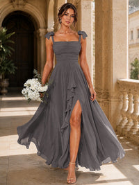 Ruffle Slit Chiffon A Line Scoop Neck Bridesmaid Dresses with Pockets