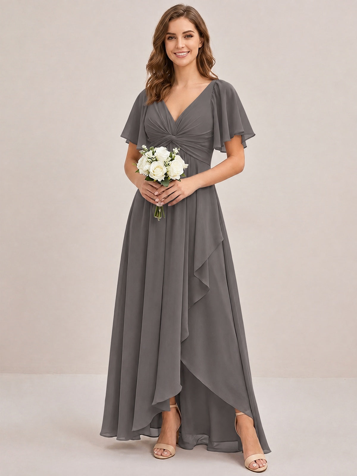 Dusty Blue Chiffon Bridesmaid Dress with Flutter Sleeves & High-Low Hem