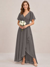 Dusty Blue Chiffon Bridesmaid Dress with Flutter Sleeves & High-Low Hem