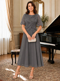 Tea-Length Chiffon Mother of the Bride Dress with Sequin Lace Sleeves