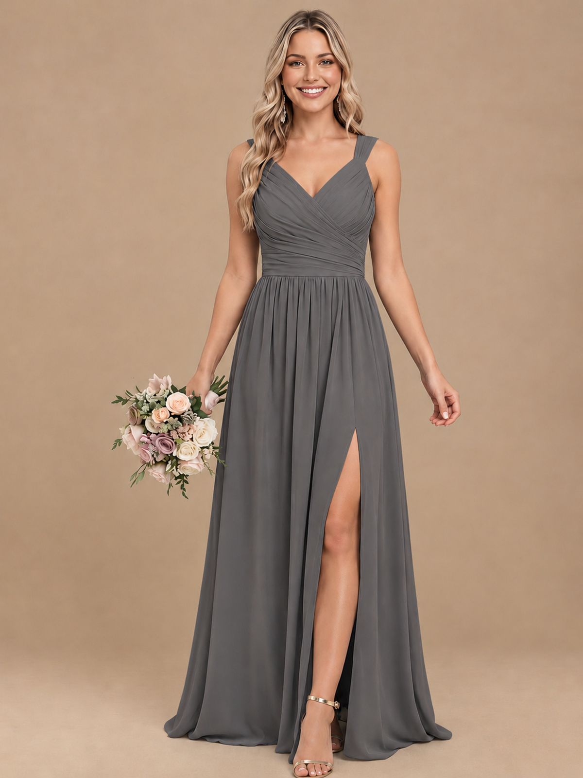 Pleated Chiffon V Neck Wedding Bridesmaid Dresses Floor Length with Slit