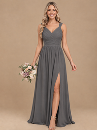 Pleated Chiffon V Neck Wedding Bridesmaid Dresses Floor Length with Slit