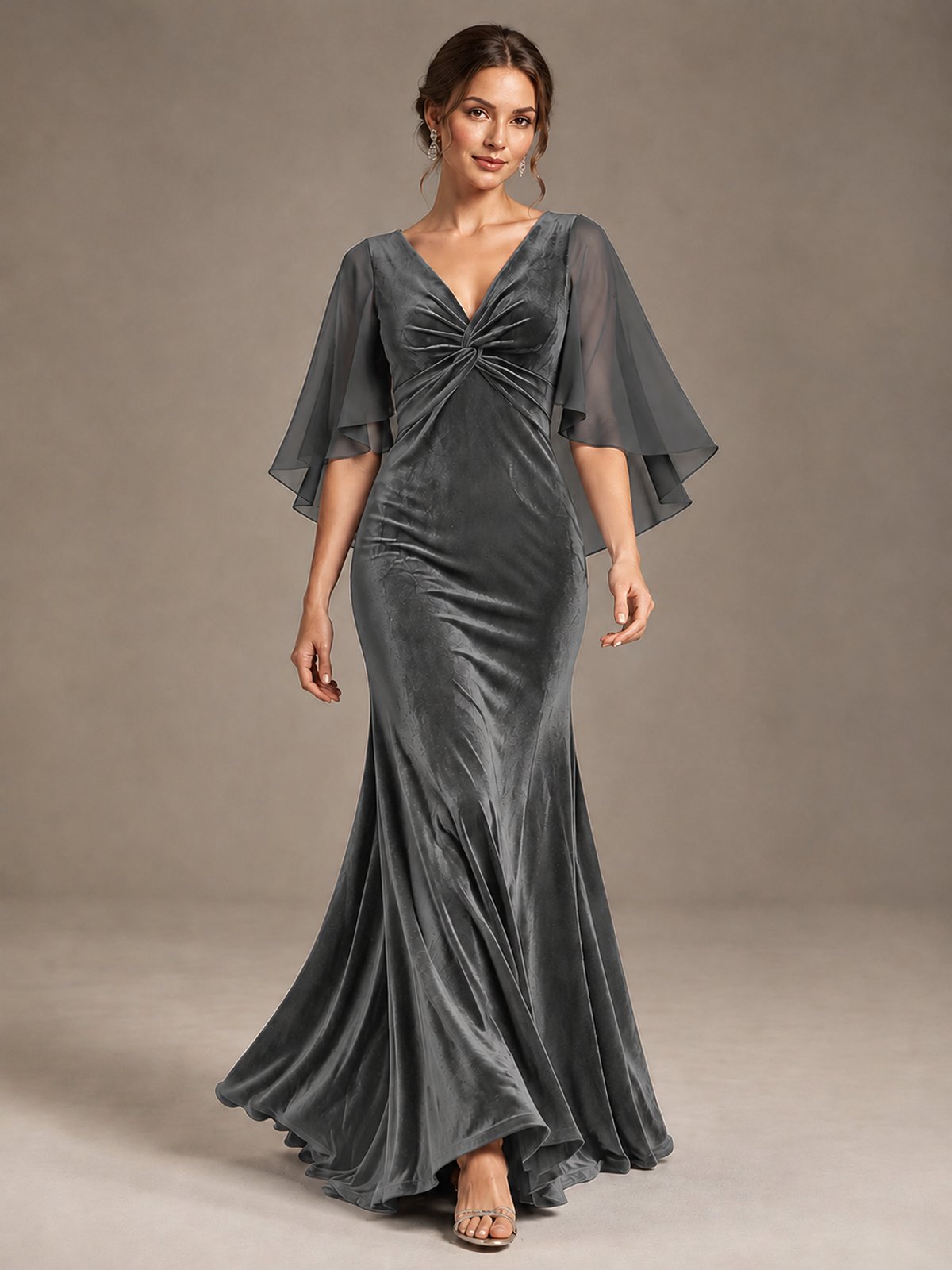 Navy Blue Velvet V Neck Mermaid Formal Dress with Flutter Cape Sleeves