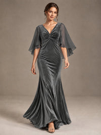 Navy Blue Velvet V Neck Mermaid Formal Dress with Flutter Cape Sleeves