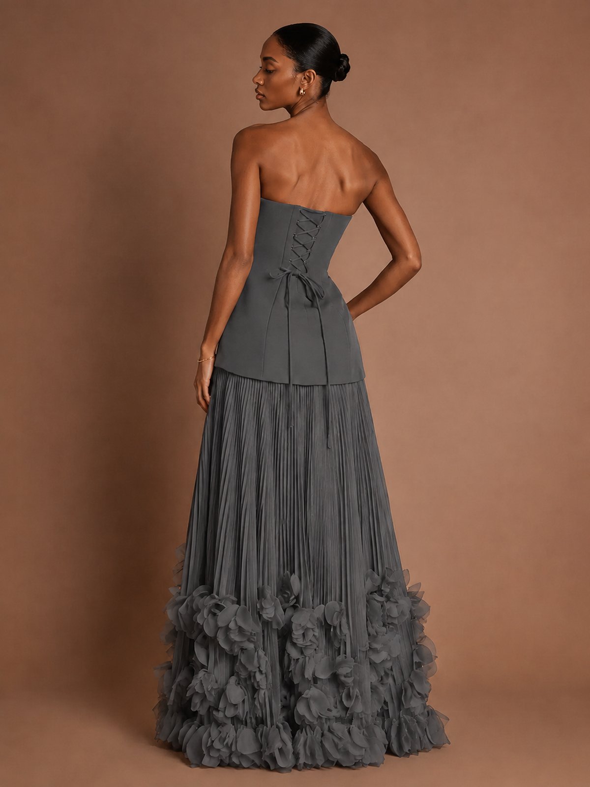 Strapless Pleated Floral Satin Formal Dress with Side Slit