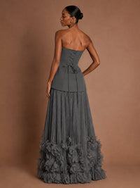 Strapless Pleated Floral Satin Formal Dress with Side Slit