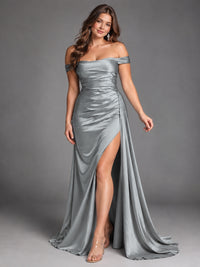 Off Shoulder Satin Maxi Dress with Slit
