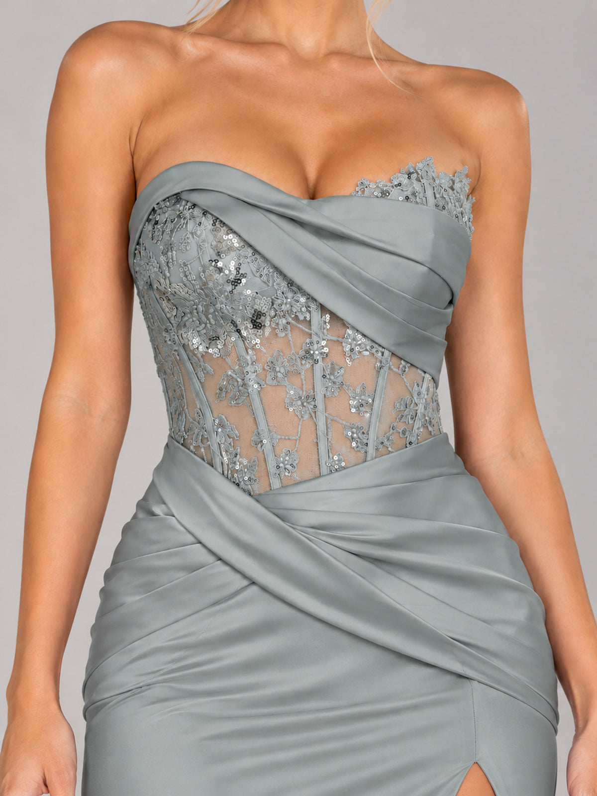 Strapless Satin Prom Dress with Sheer Lace Corset & High Slit