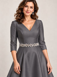 V-Neck Tea-Length Mother of the Bride Dress with Embellished Waist