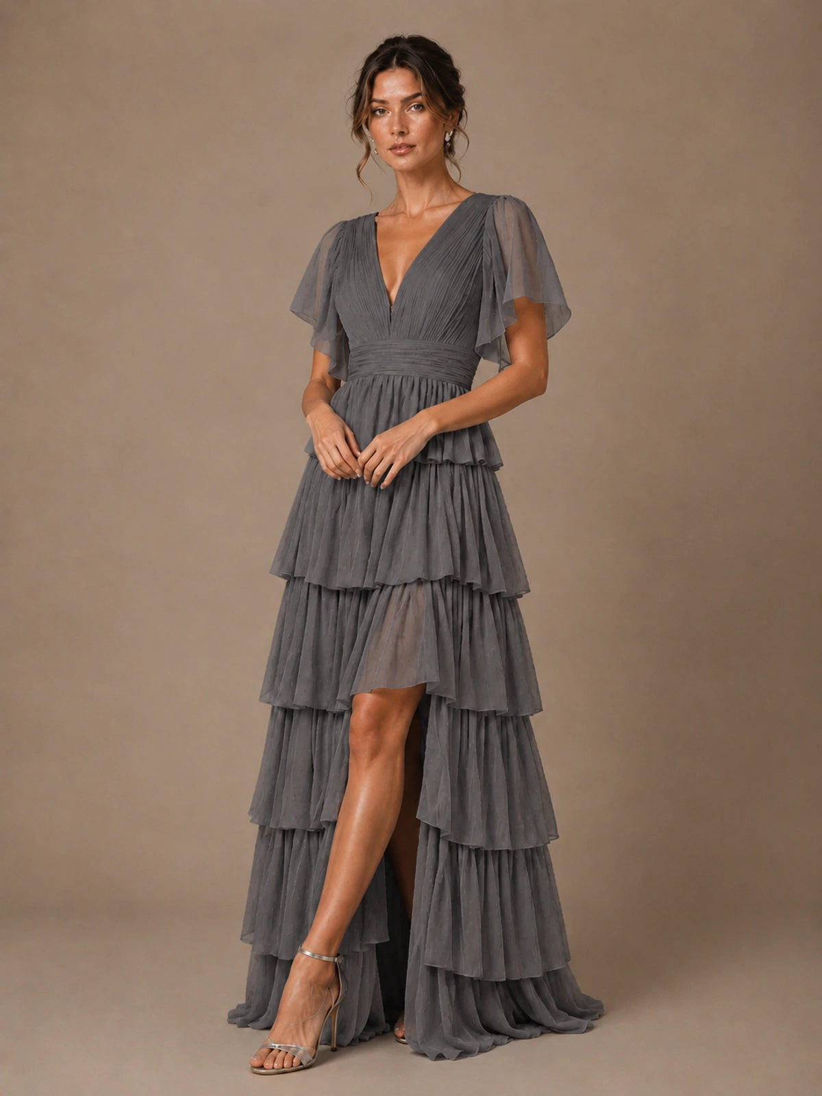 Chiffon V-Neck Tiered Ruffle Bridesmaid Dress with Slit