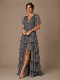 Chiffon V-Neck Tiered Ruffle Bridesmaid Dress with Slit