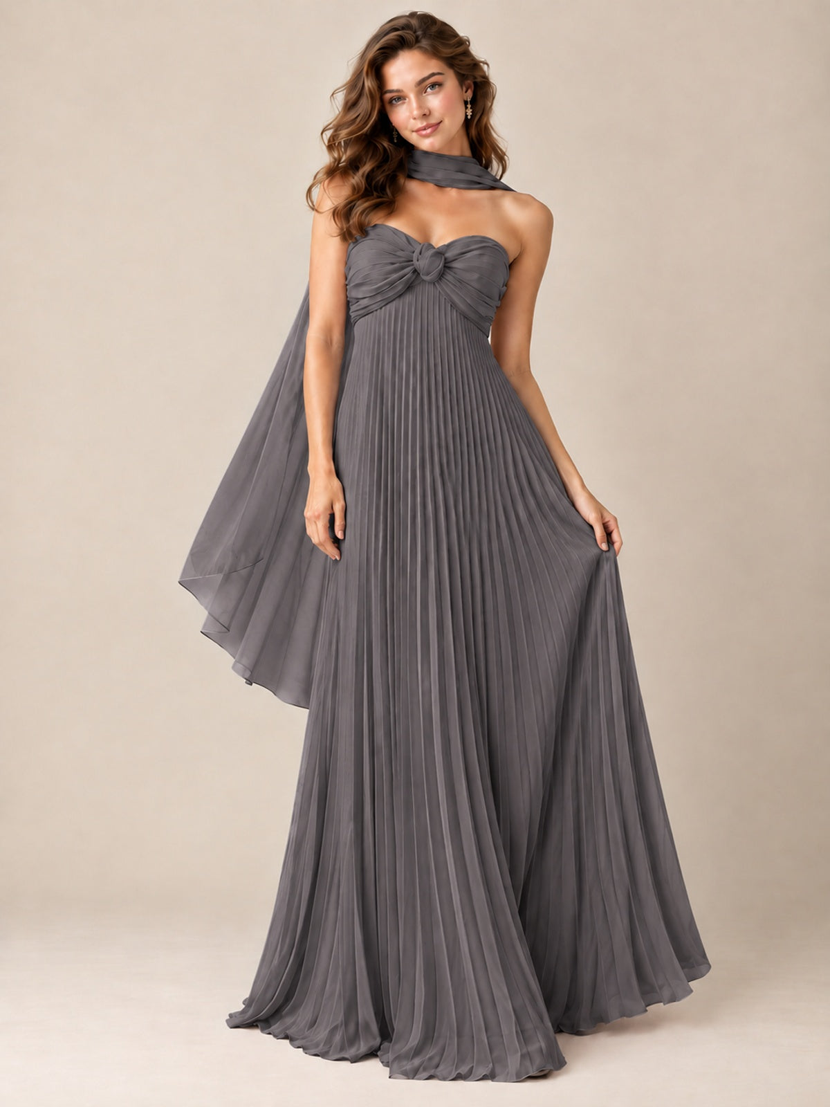 Sweetheart Neckline Pleated Prom Dress Strapless A-line Formal Dress with Flowy Scarf