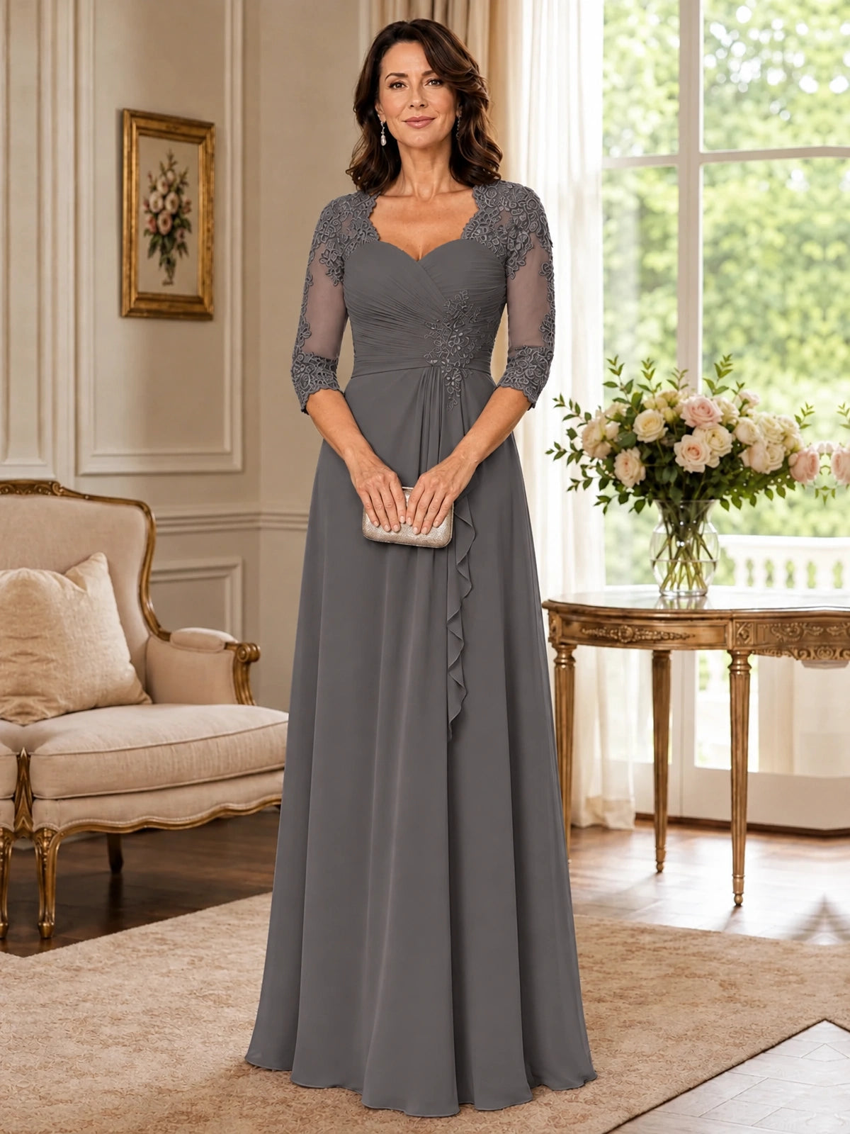 Chiffon Lace Applique Mother of the Bride Dress with 3/4 Sleeves
