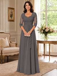 Chiffon Lace Applique Mother of the Bride Dress with 3/4 Sleeves