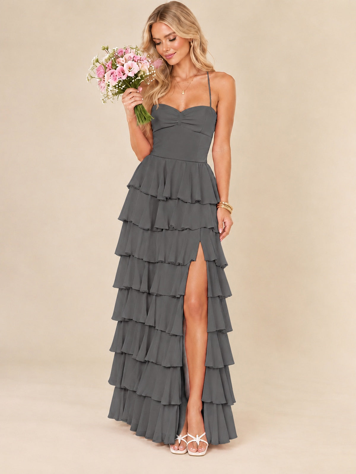 Ruffled Tiered Chiffon Prom Dress Spaghetti Straps Formal Maxi Dress with Slit