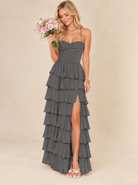 Ruffled Tiered Chiffon Prom Dress Spaghetti Straps Formal Maxi Dress with Slit