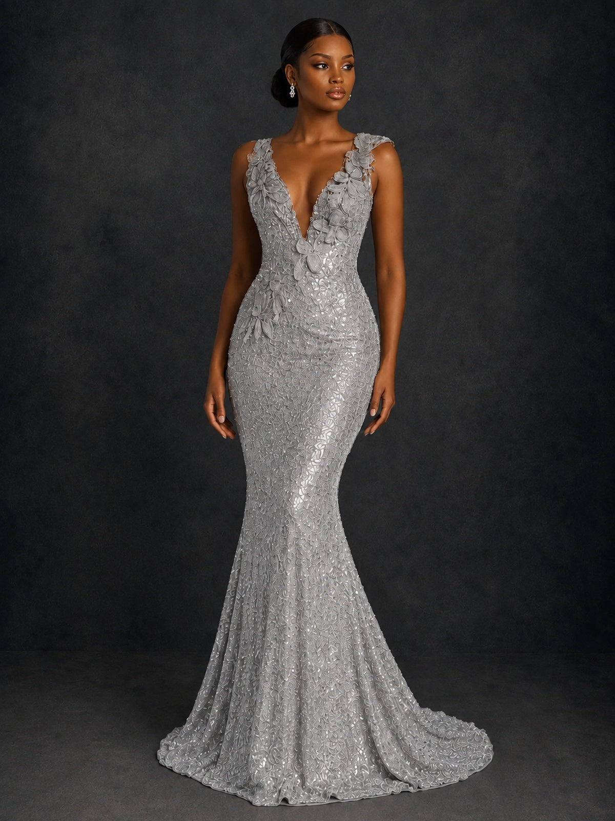 Gold Sequin Floral Applique Mermaid Prom Dress