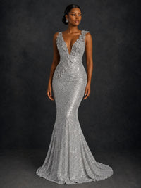 Gold Sequin Floral Applique Mermaid Prom Dress
