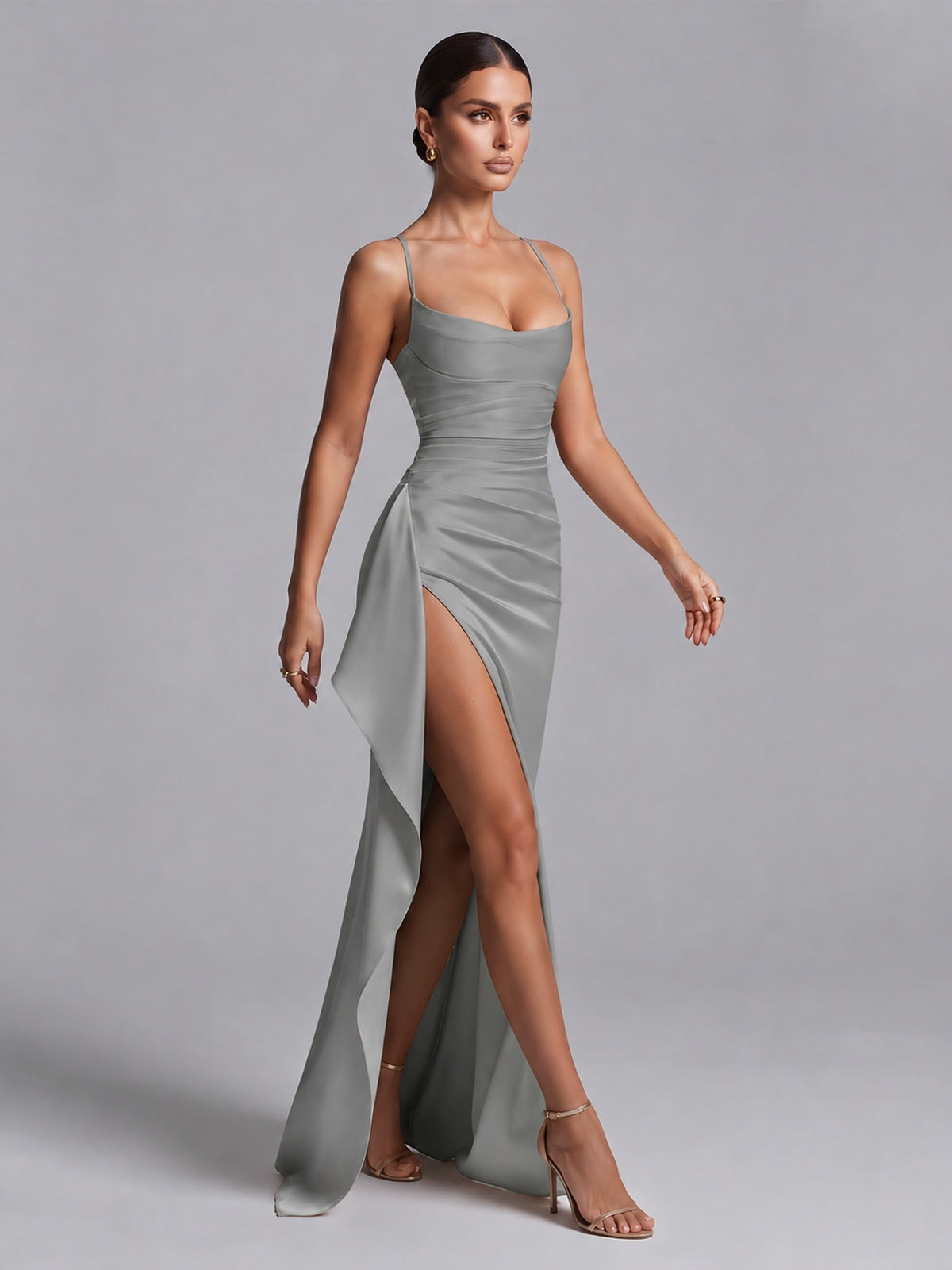Square Neck Satin Long Prom Dress with Ruffles