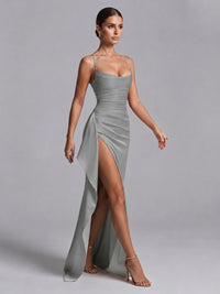 Square Neck Satin Long Prom Dress with Ruffles