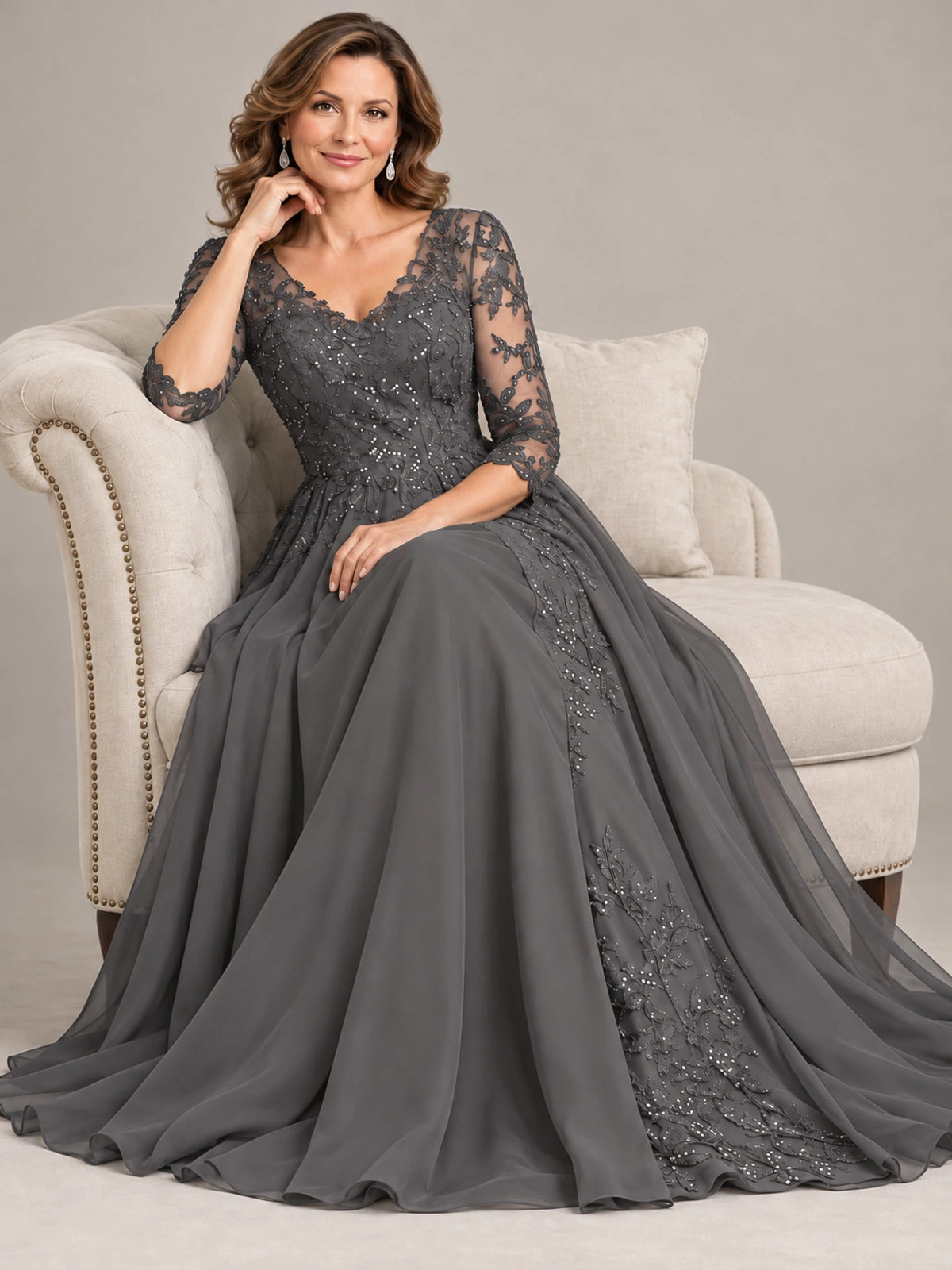 Sequin Lace A-Line Mother of the Bride Dress with 3/4 Sleeves