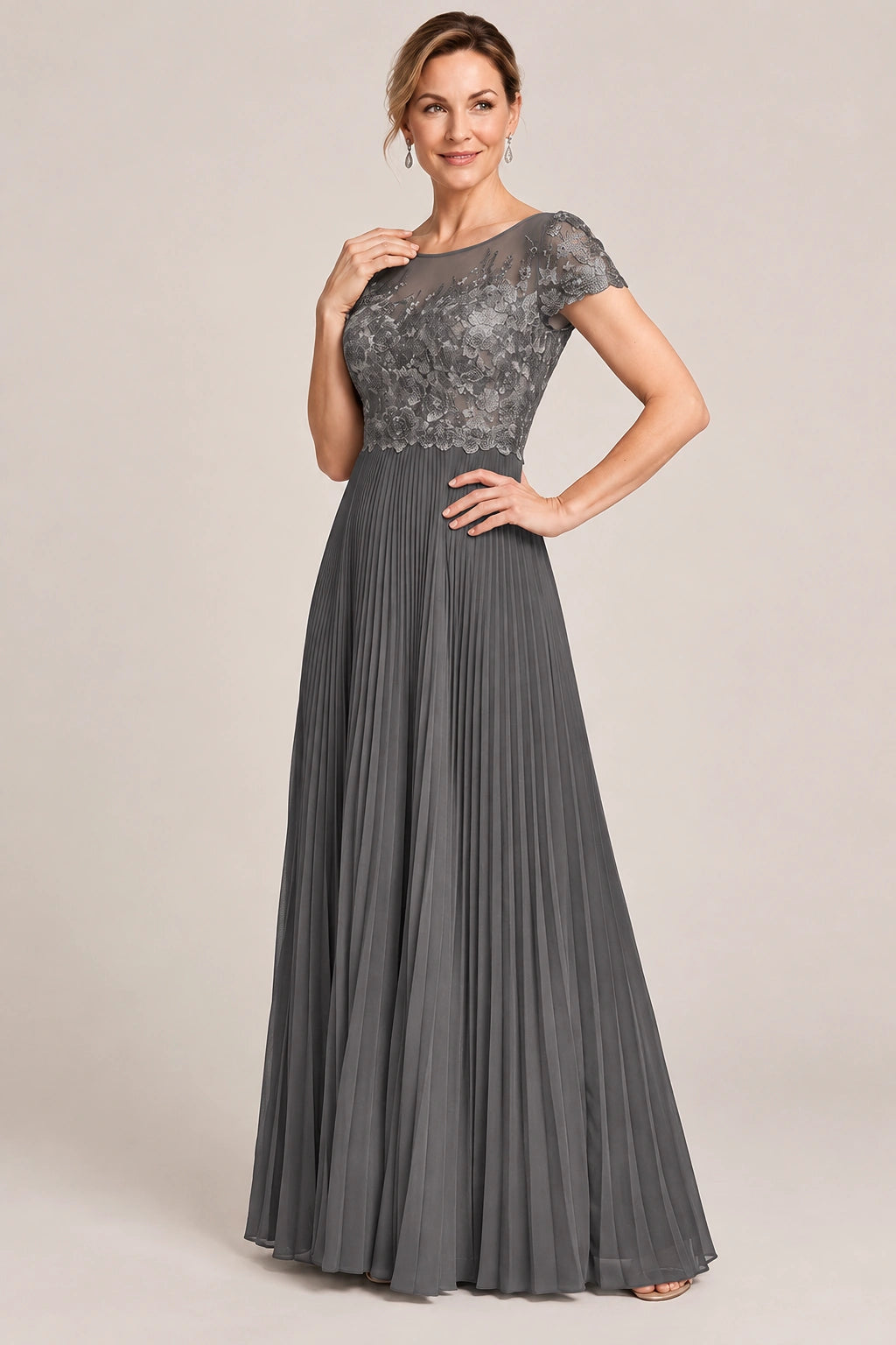 Embroidered Lace Pleated Mother of the Bride Dress