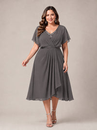 Navy Blue A-Line V-Neck Tea-Length Mother of the Bride Dress