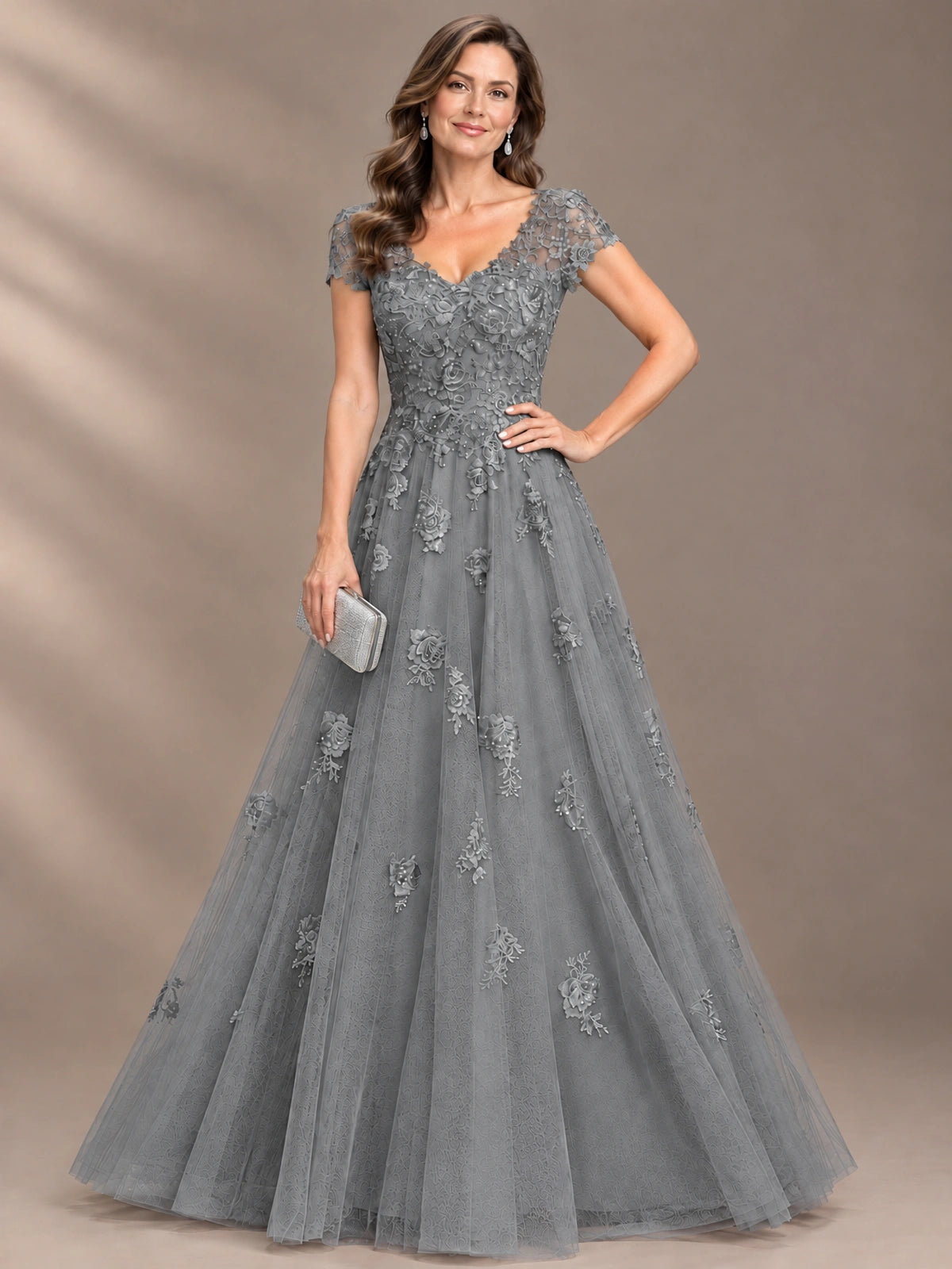 Lace Appliques A-line Mother of The Bride Dresses with Short Sleeves