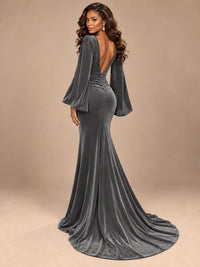 Burgundy Velvet Deep V-Neck Ruched Long Sleeve Maxi Dress