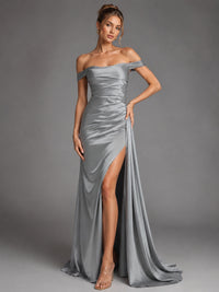 Off Shoulder Satin Maxi Dress with Slit