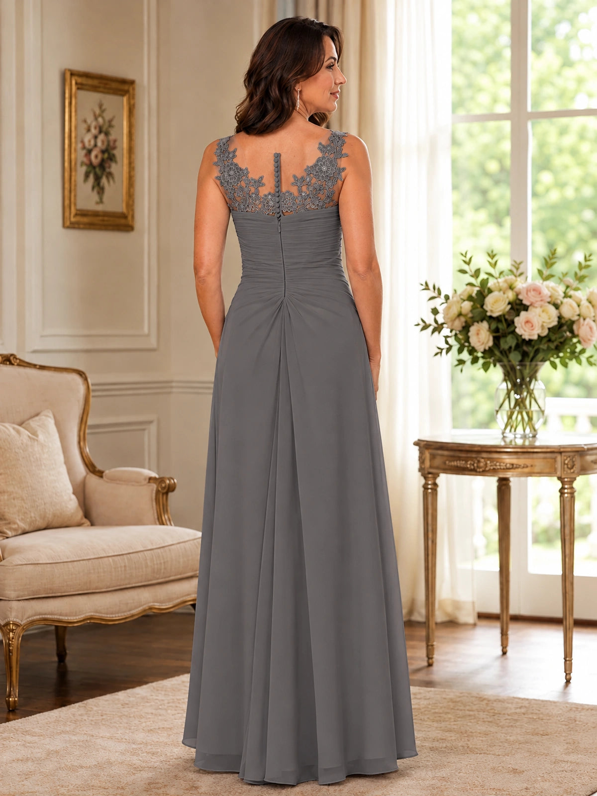 Elegant Chiffon Mother of the Bride Dress with Lace Applique and Cape Sleeves