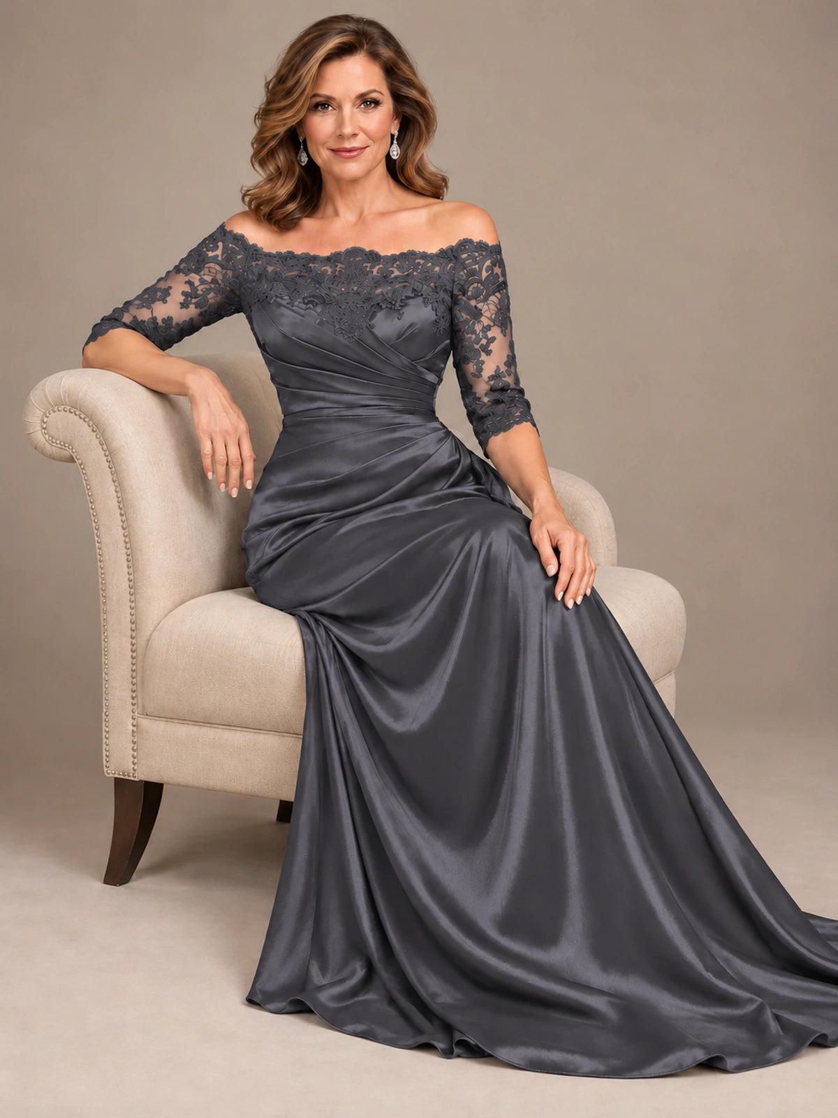 Satin Mother of the Bride Dress with Lace Sleeves Off Shoulder Formal Gown