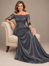 Satin Mother of the Bride Dress with Lace Sleeves Off Shoulder Formal Gown