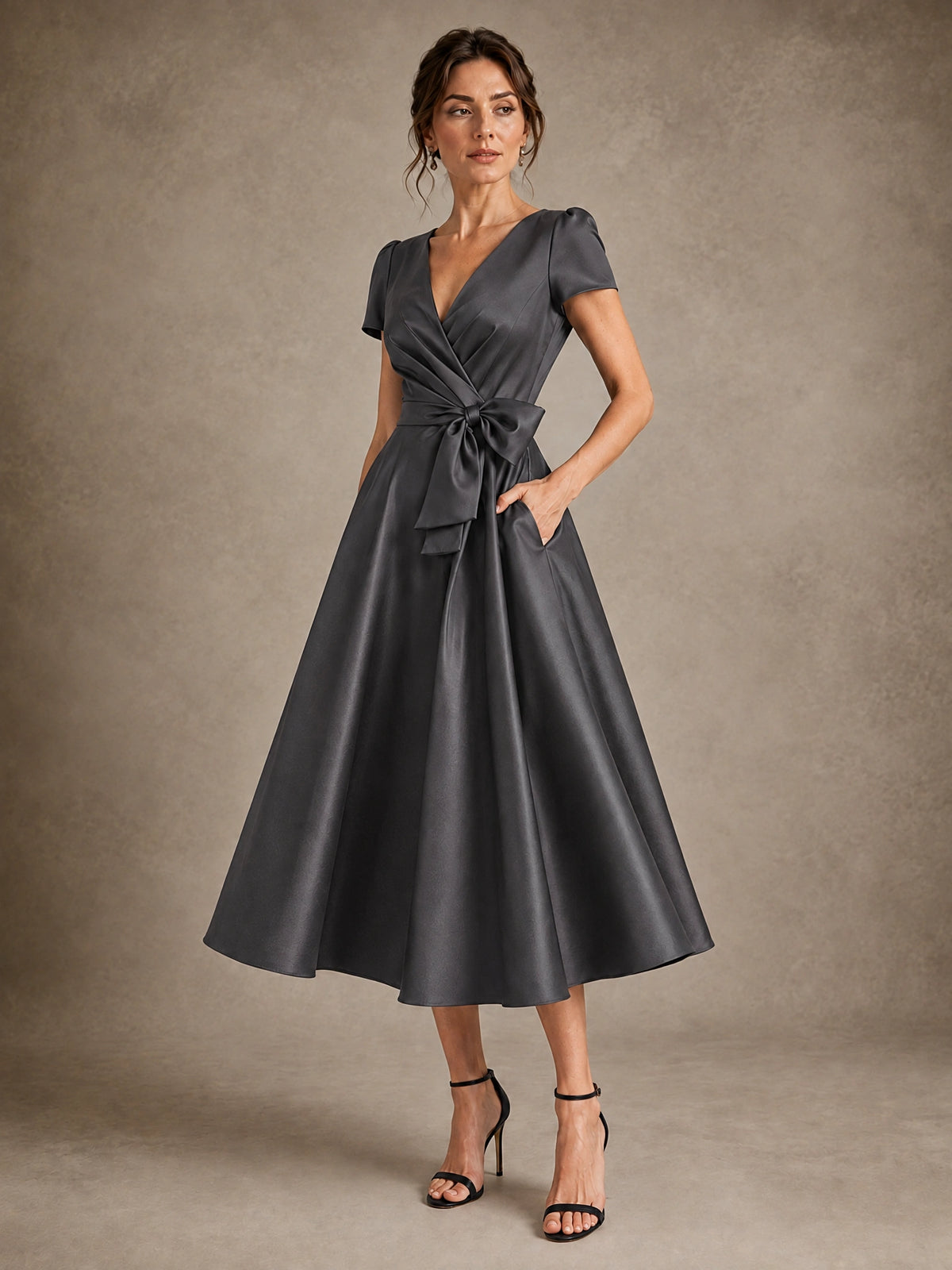 V-Neck Tea-Length Satin Mother of the Bride Dress with Bow