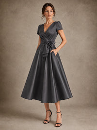 V-Neck Tea-Length Satin Mother of the Bride Dress with Bow