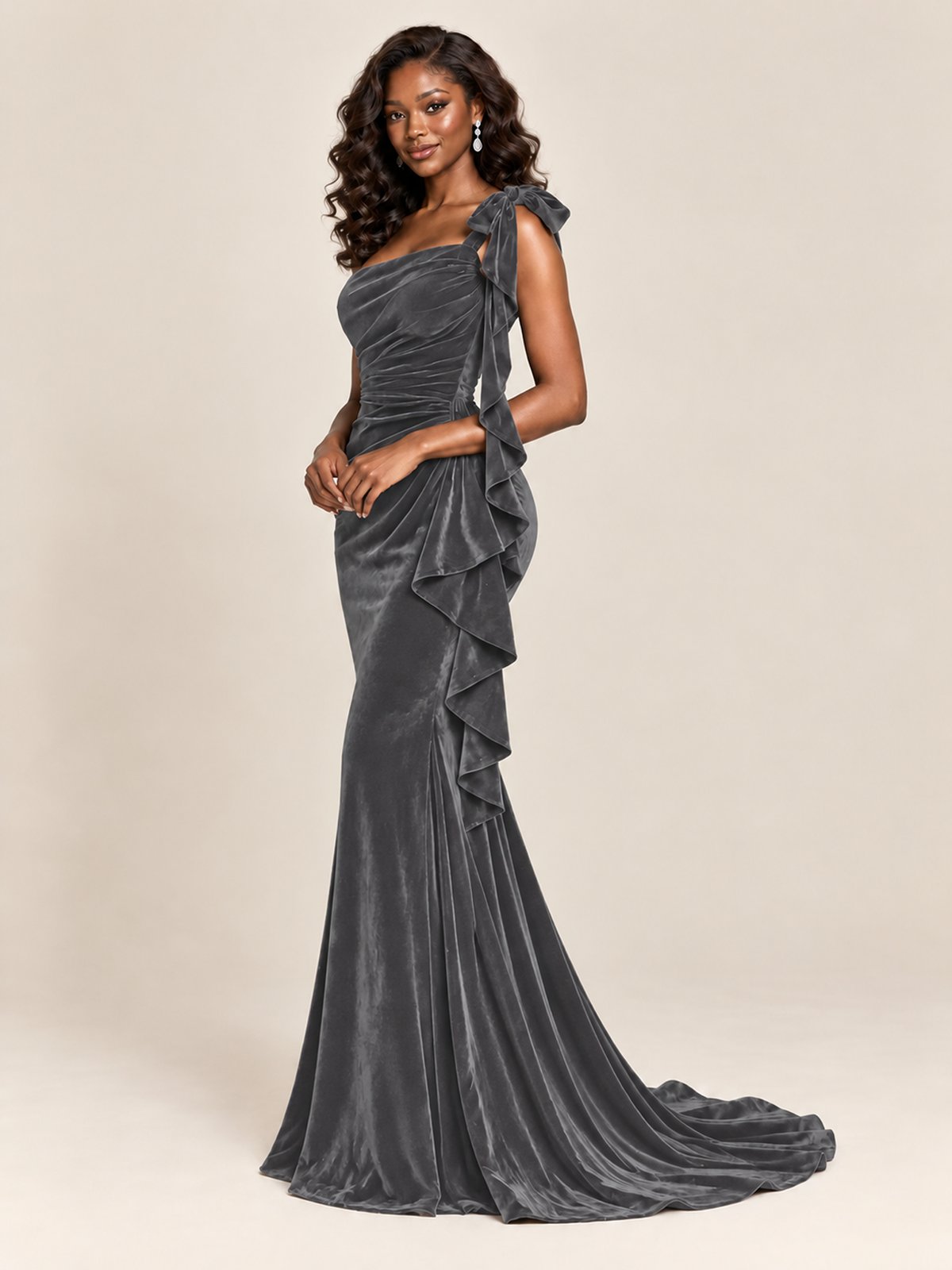 Black Velvet One-Shoulder Mermaid Evening Gown with Bow & Ruffles