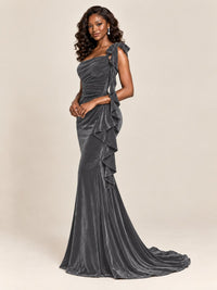 Black Velvet One-Shoulder Mermaid Evening Gown with Bow & Ruffles