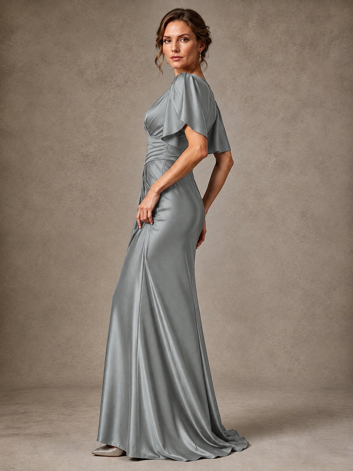 V-Neck Satin Mother of the Bride Dress with Flutter Sleeves