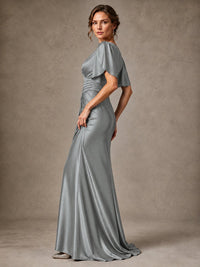 V-Neck Satin Mother of the Bride Dress with Flutter Sleeves