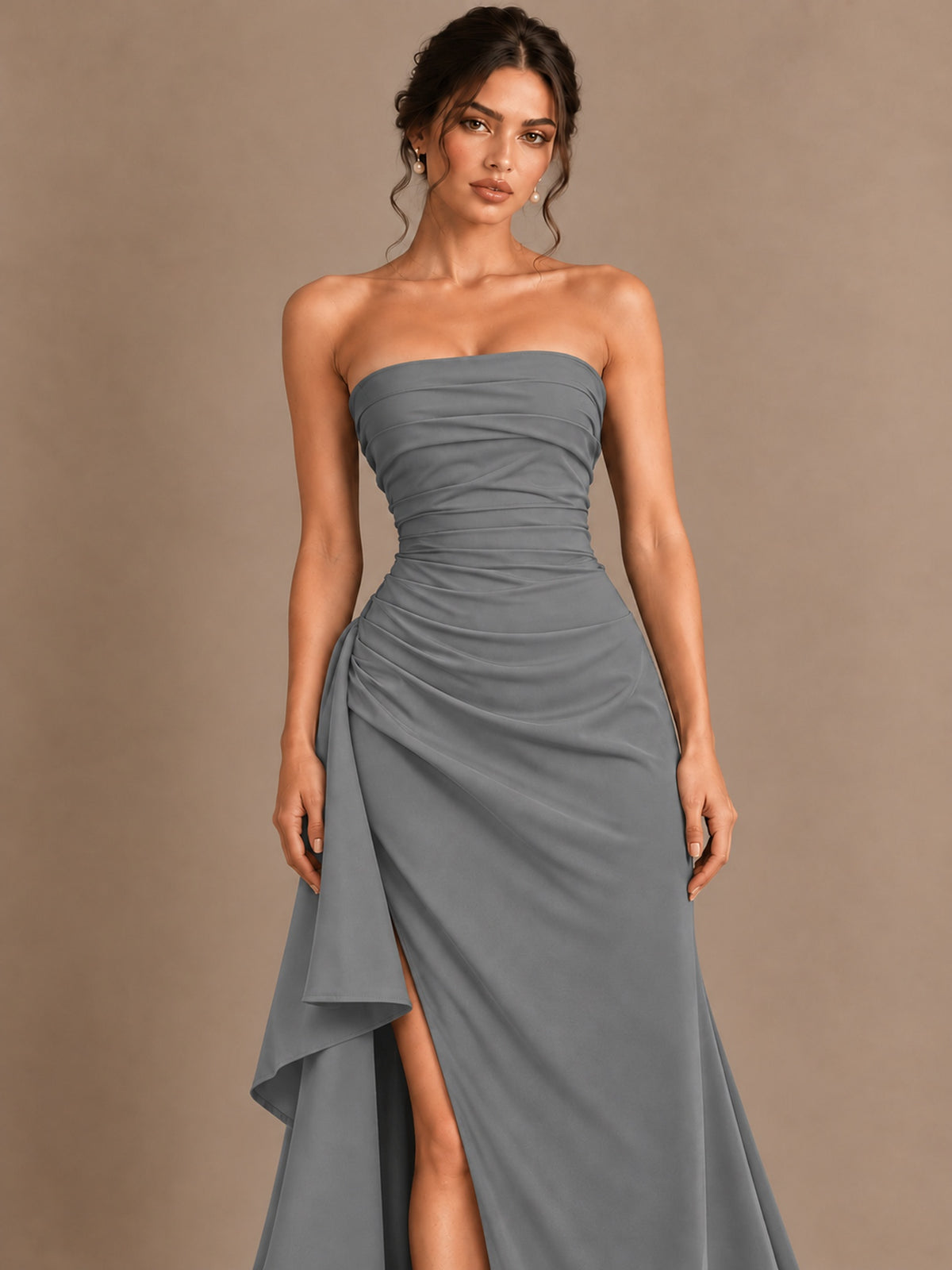 Black and White Strapless Ruched Prom Dress with High Slit & Side Drape