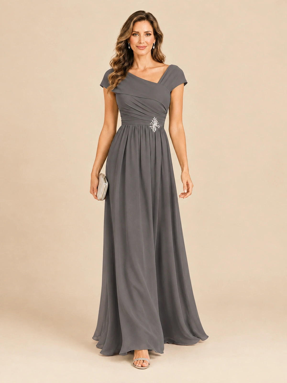 Cap Sleeve Mother of The Bride Dresses Long Chiffon Formal Gowns