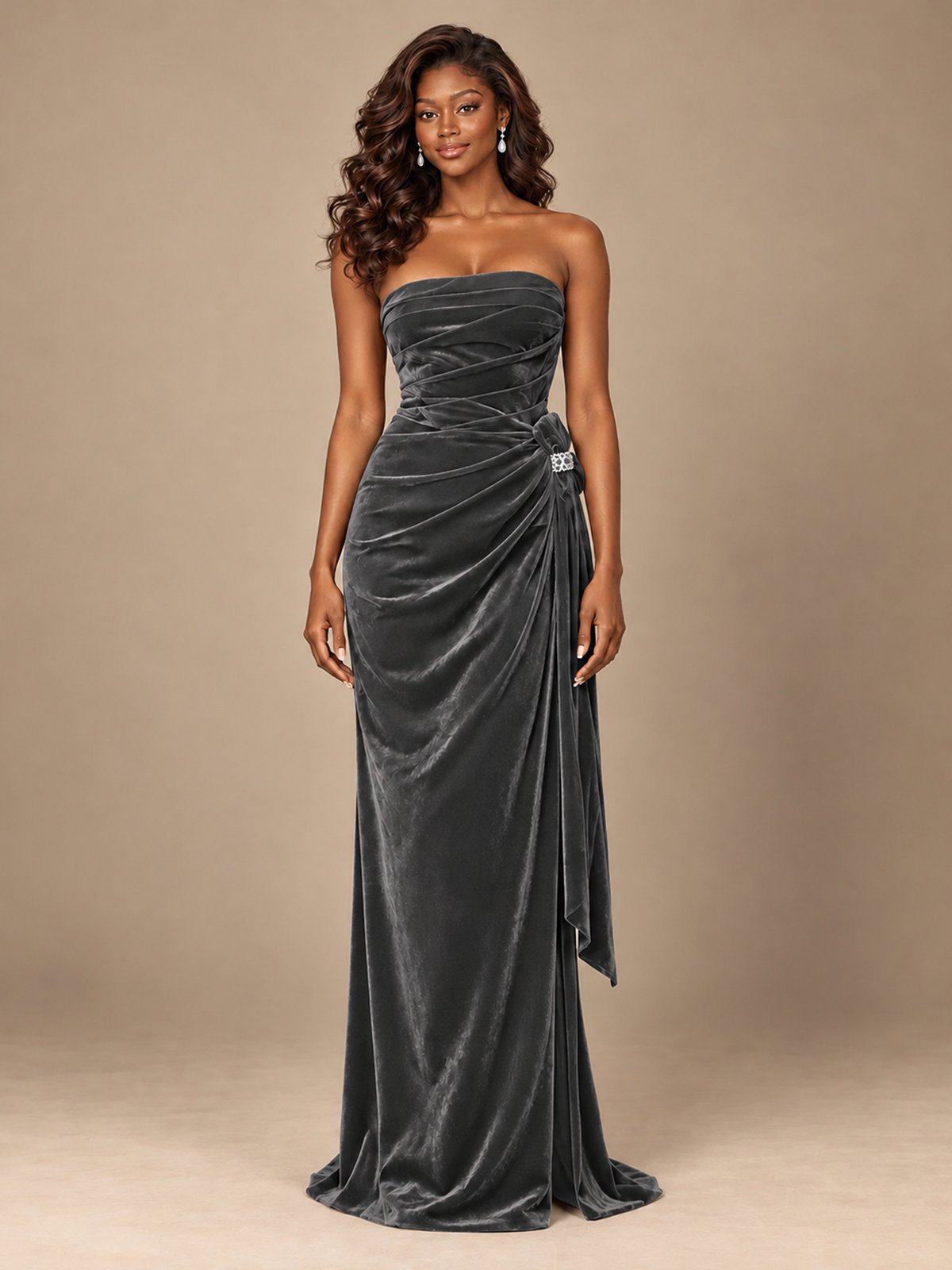 Burgundy Velvet Strapless Ruched Prom Dress with Jeweled Side Drape