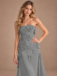 Yellow Strapless A-line Satin Maxi Dress with 3D Floral