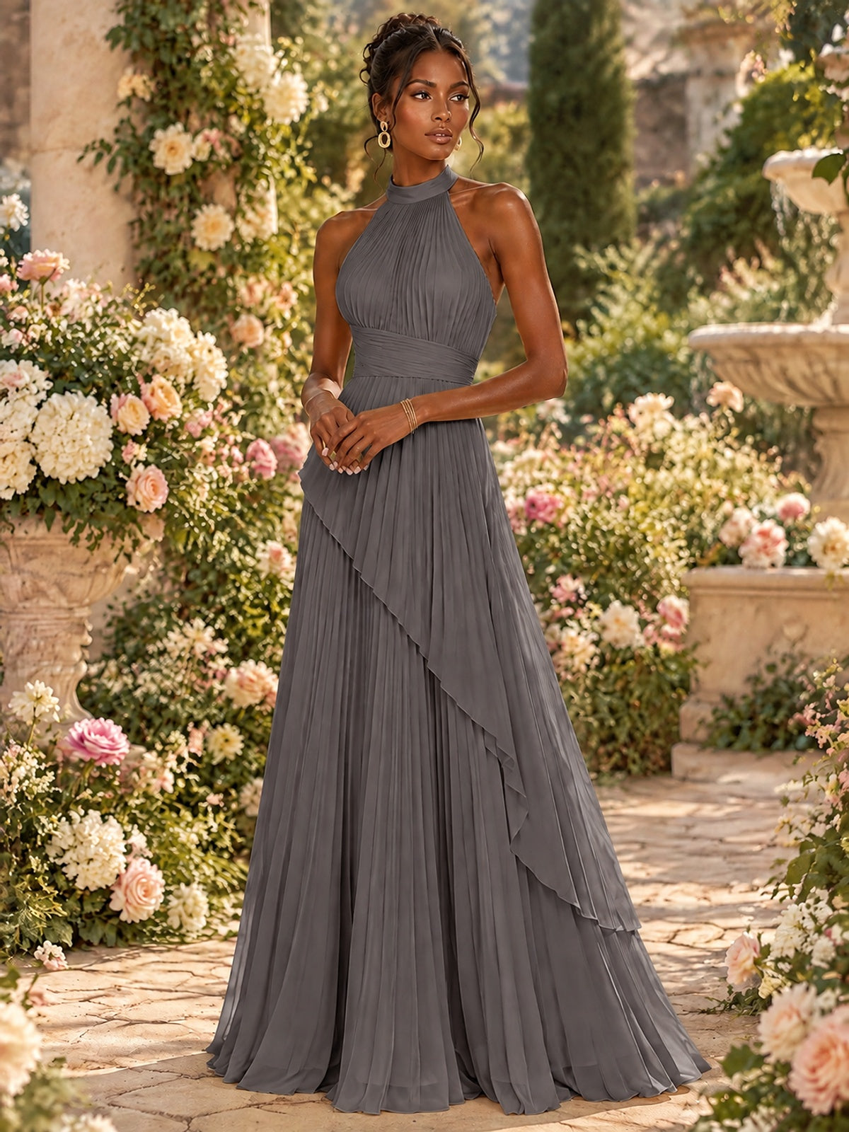 Wrap Pleated Prom Dress Halter A-line Chiffon Formal Wedding Dress