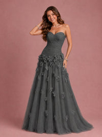 Blush Pink Strapless Sweetheart 3D Floral Tulle Ball Gown Prom Dres