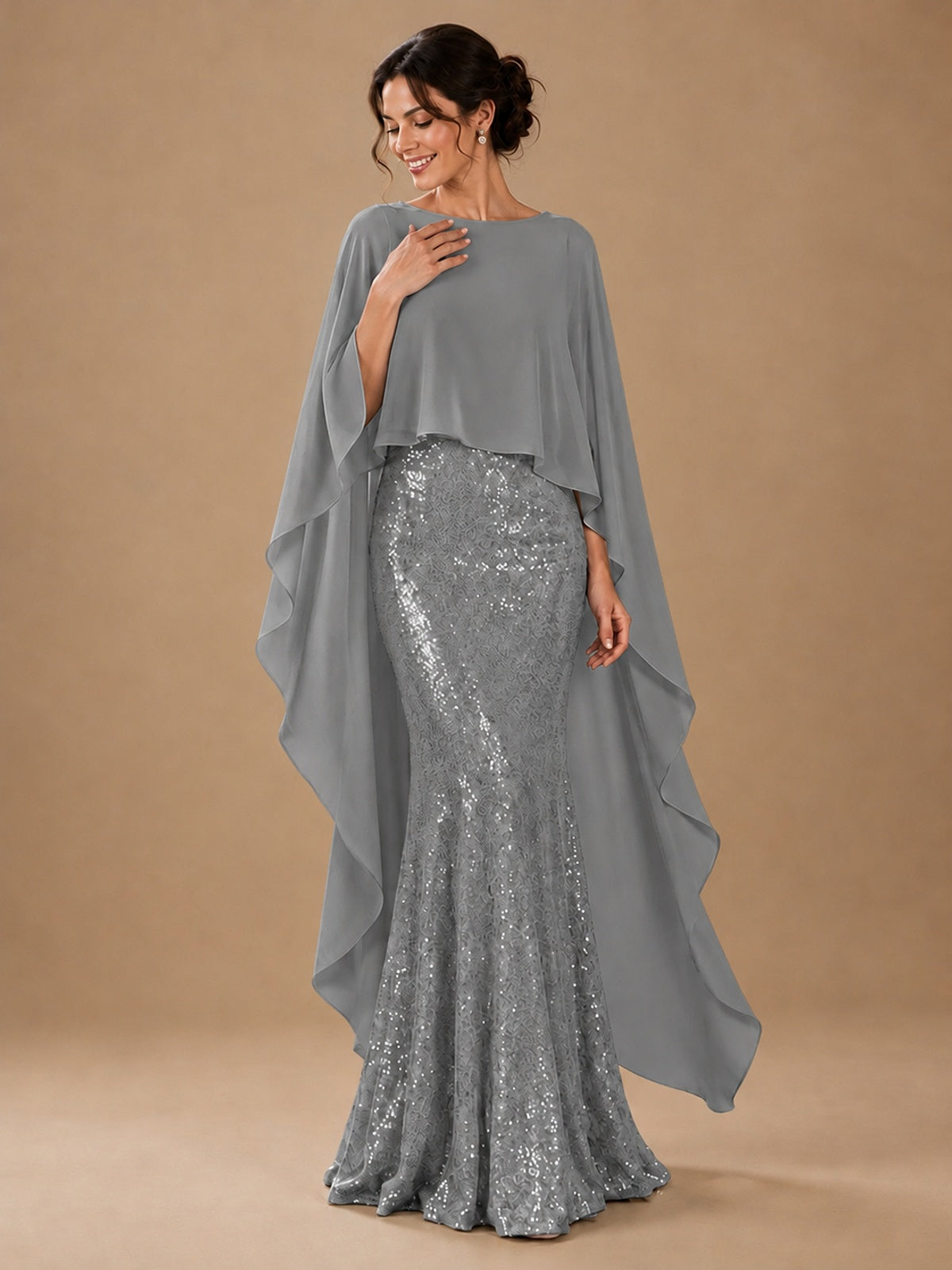 Sequin 2 Pieces Mother of the Bride Dress with Cap Sleeves Chiffon Formal Gowns