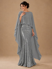 Sequin 2 Pieces Mother of the Bride Dress with Cap Sleeves Chiffon Formal Gowns