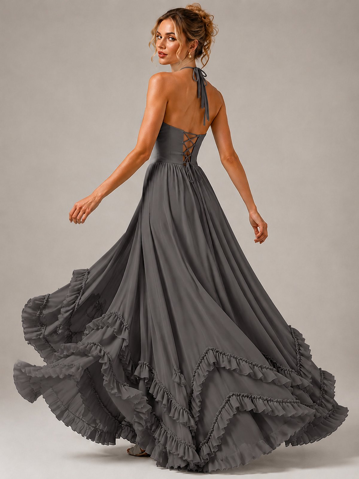 Halter V Neck Chiffon Formal Dress with Lace-Up Back and Ruffle Hem