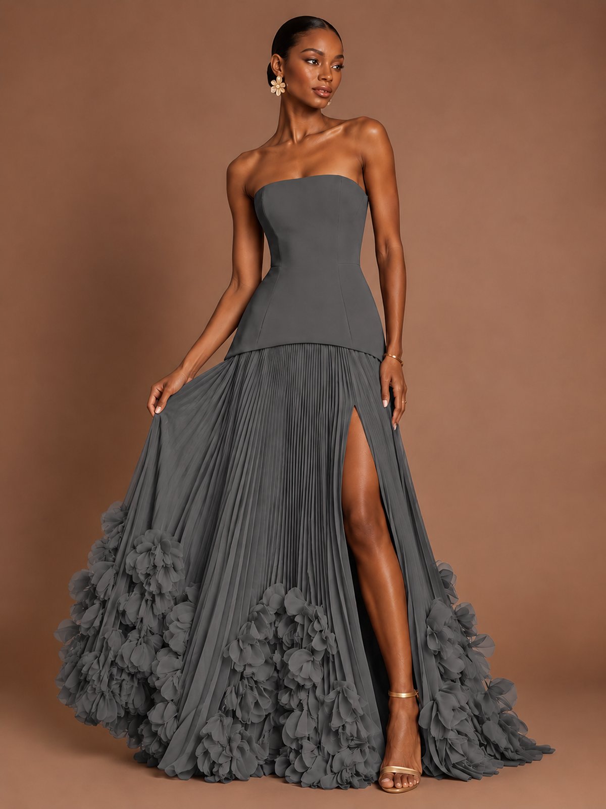Strapless Pleated Floral Satin Formal Dress with Side Slit